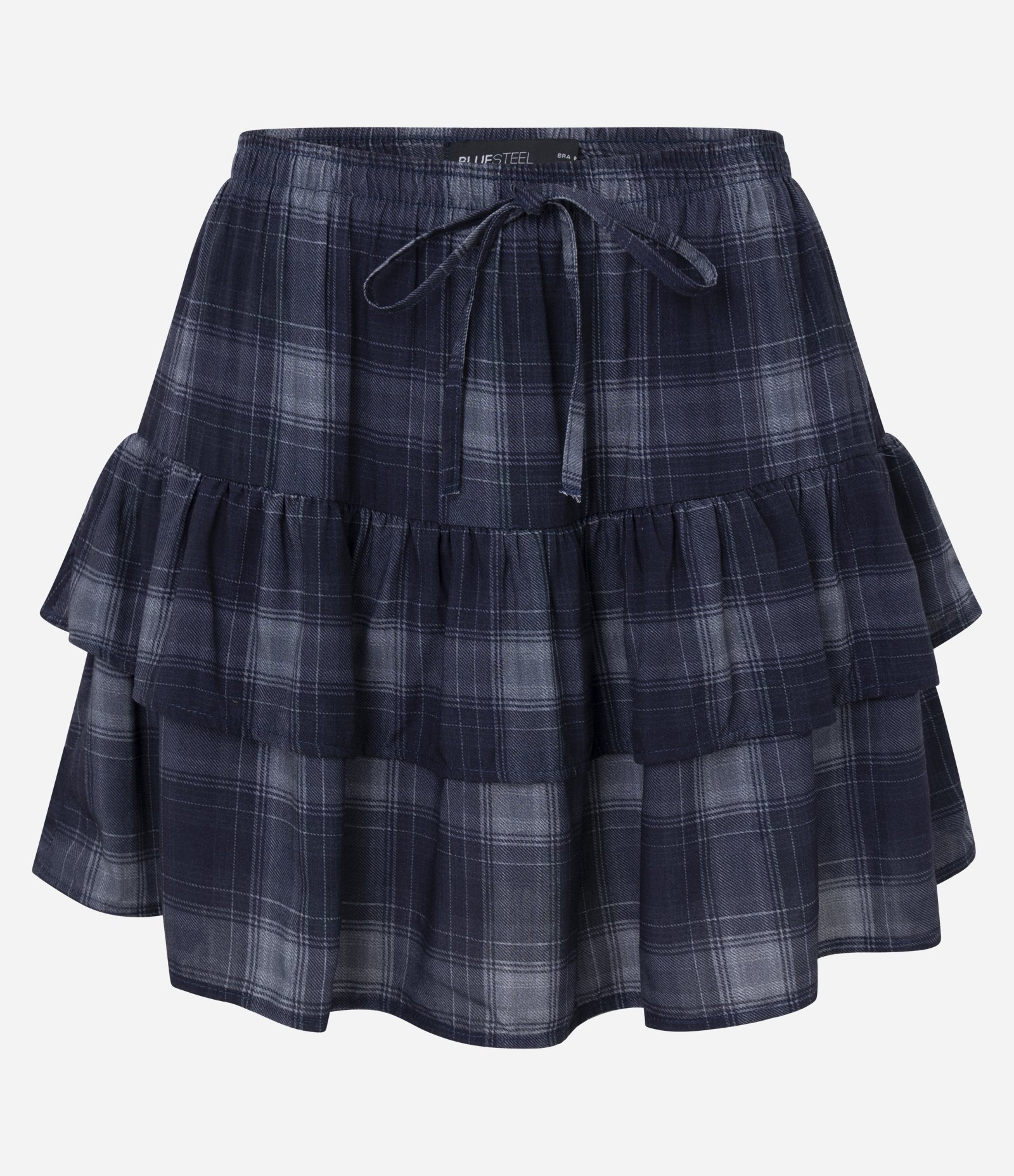 Short Saia Curto em Tricoline Xadrez com Babados Azul 5