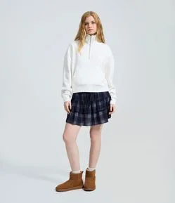 Short Saia Curto em Tricoline Xadrez com Babados