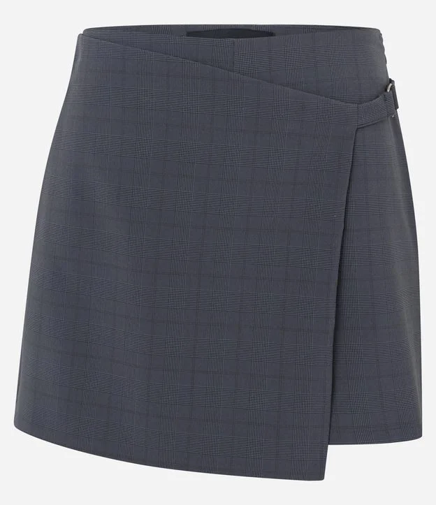 Short Saia em Viscolinho com Transpasse e Estampa Quadriculada