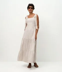Vestido Longo em Sarja com Laço na Alça e Listras