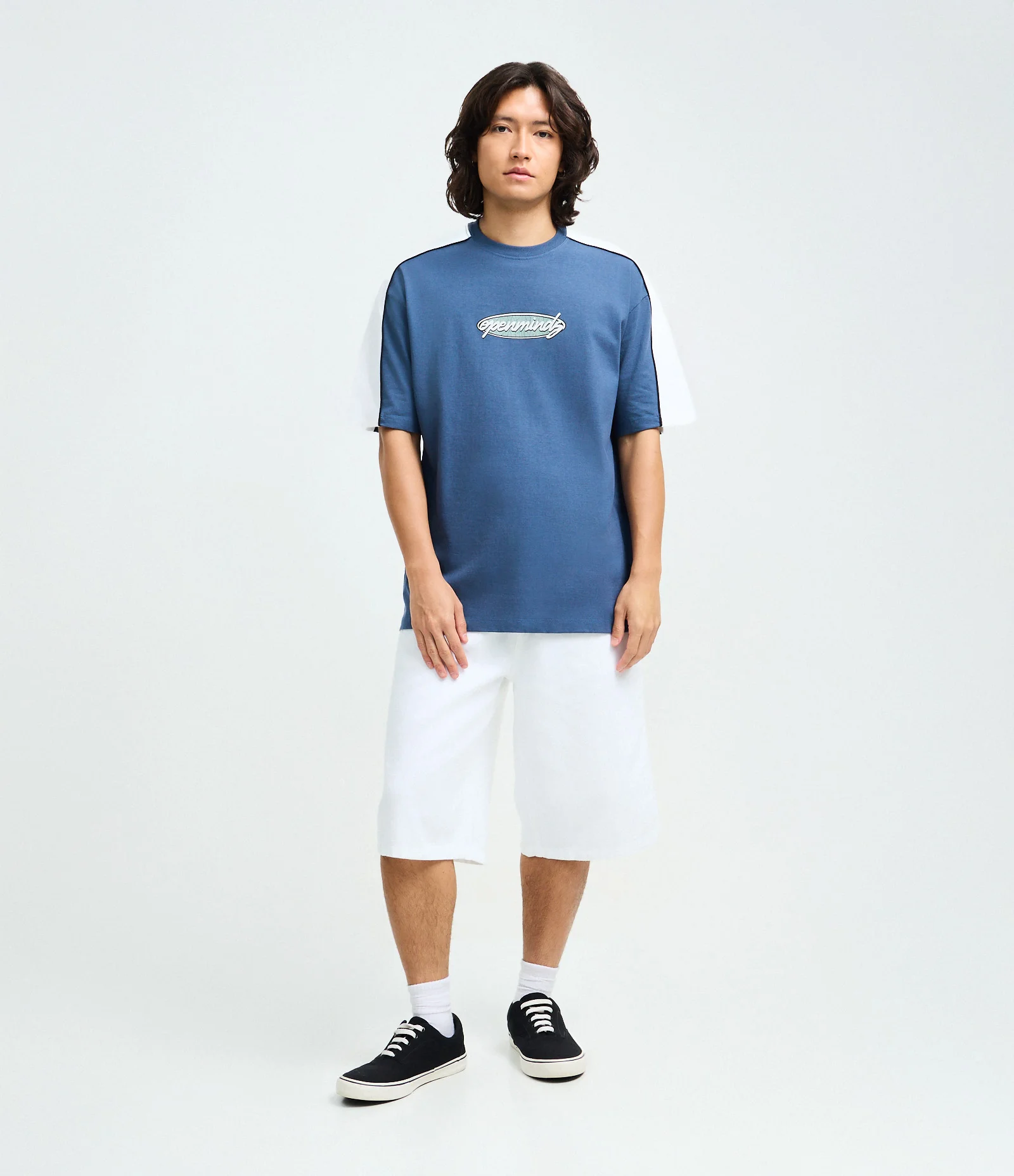 Camiseta Manga Curta Relaxed em Algodão com Lettering Openminds com Recorte nas Mangas Azul 2