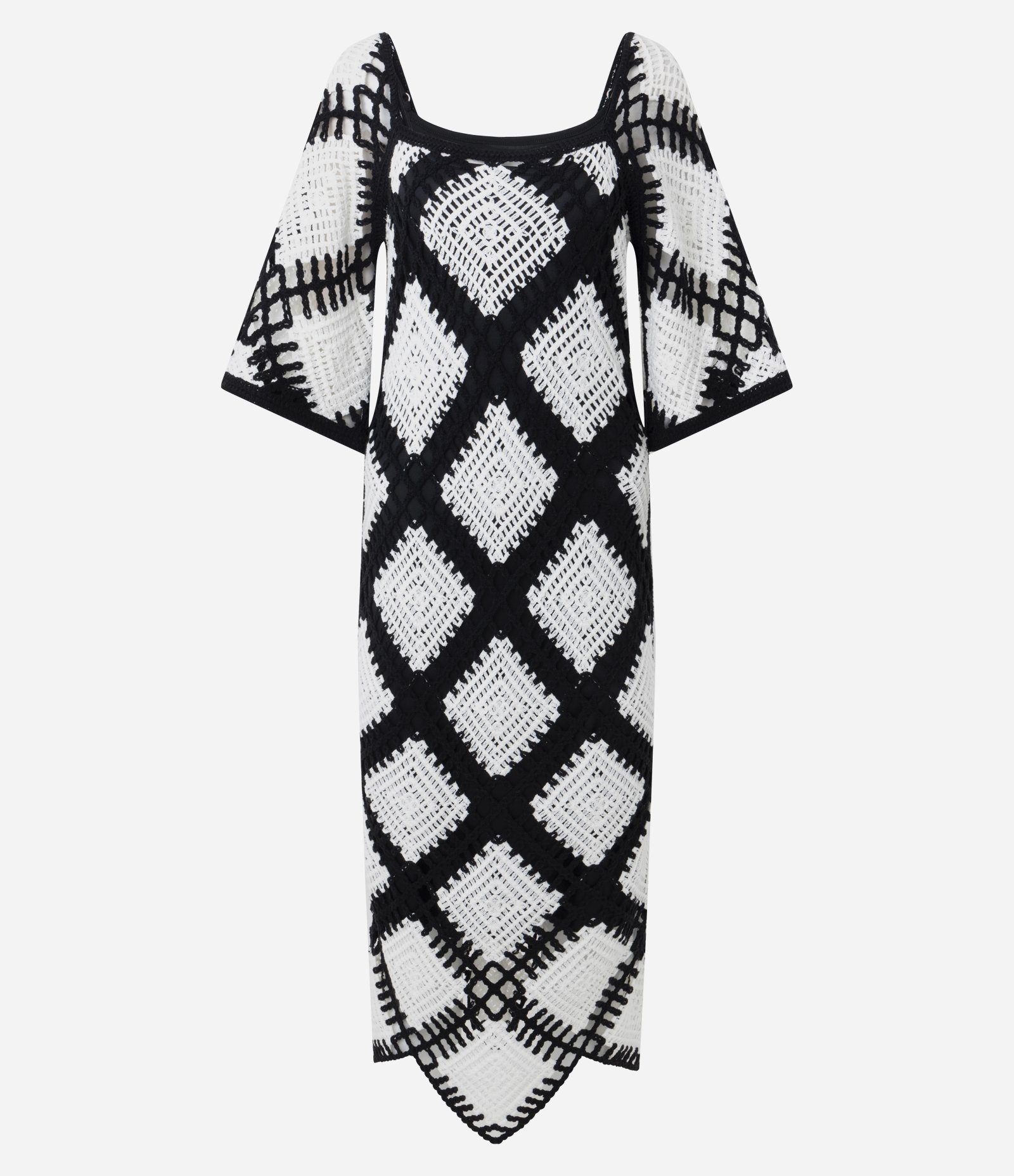 Vestido Midi de Tricô com Mangas Amplas em Efeito Crochê Branco/Preto 6