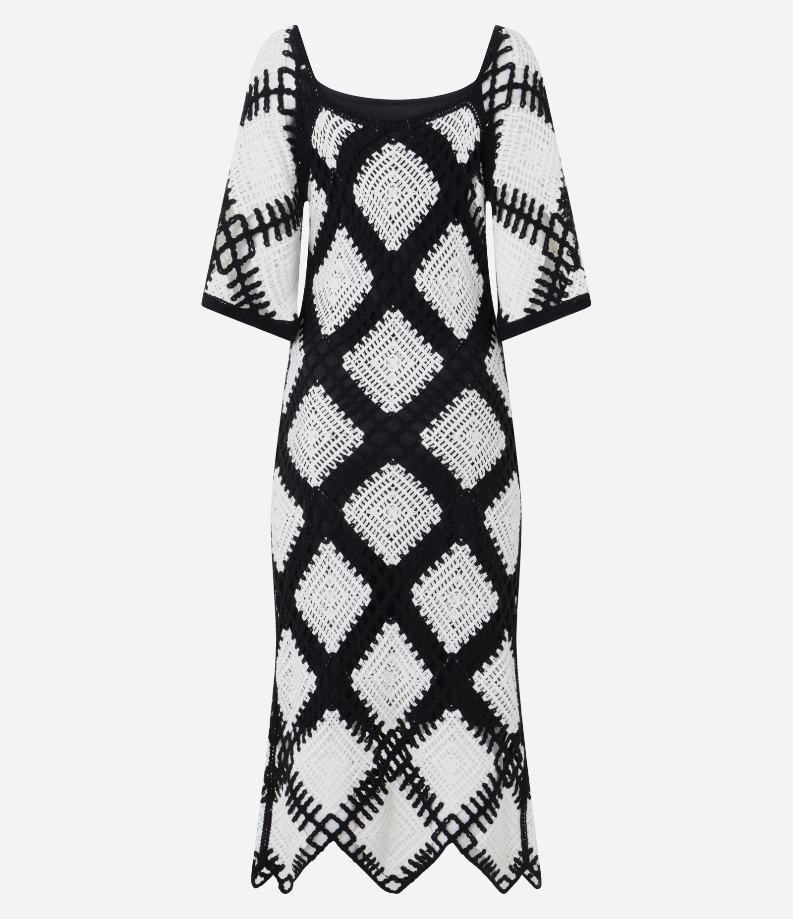 Vestido Midi de Tricô com Mangas Amplas em Efeito Crochê Branco/Preto 8