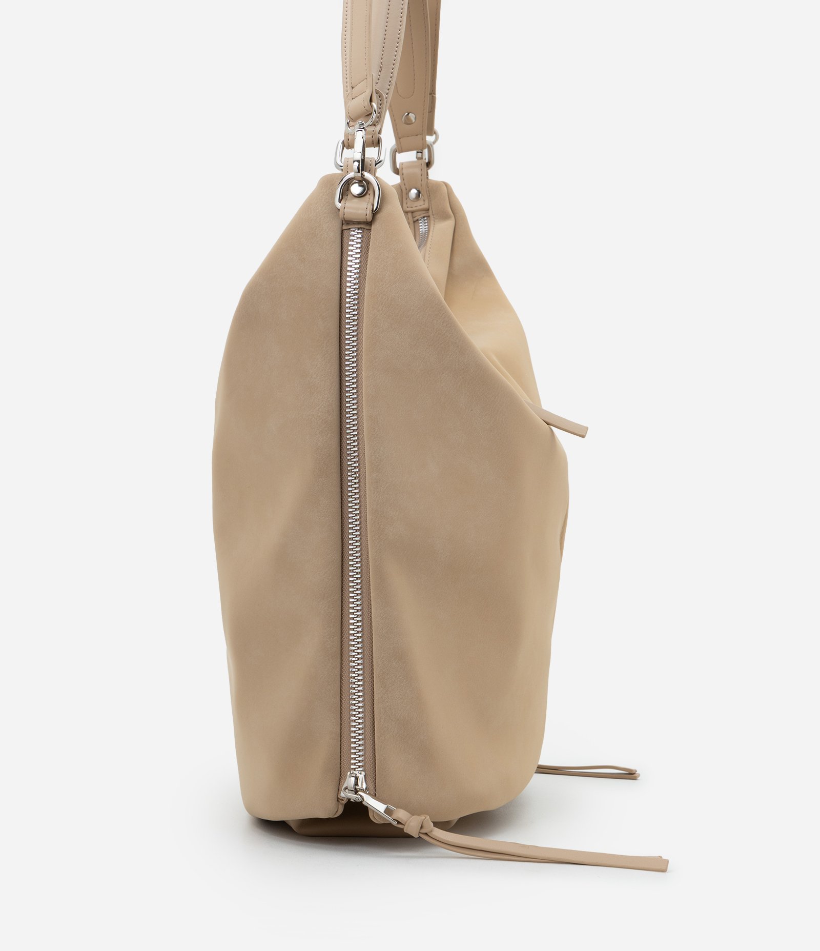 Bolsa Hobo Grande em PU com Zíper nas Laterais Bege 2