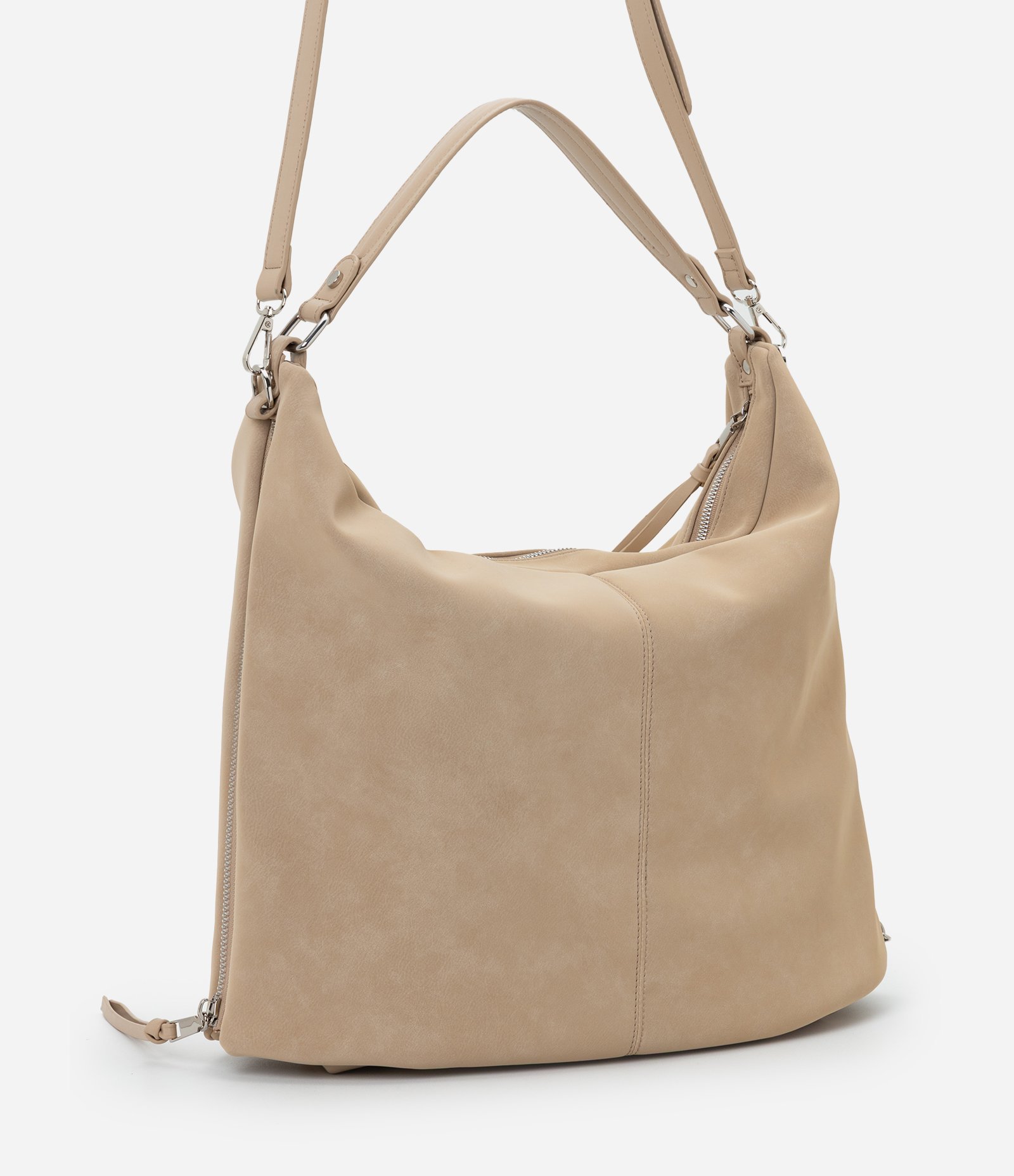 Bolsa Hobo Grande em PU com Zíper nas Laterais Bege 3
