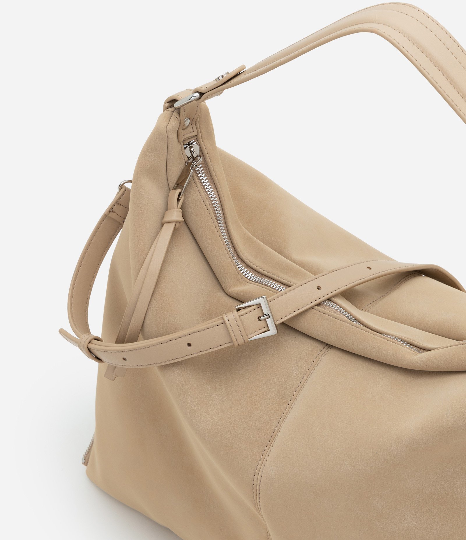 Bolsa Hobo Grande em PU com Zíper nas Laterais Bege 5