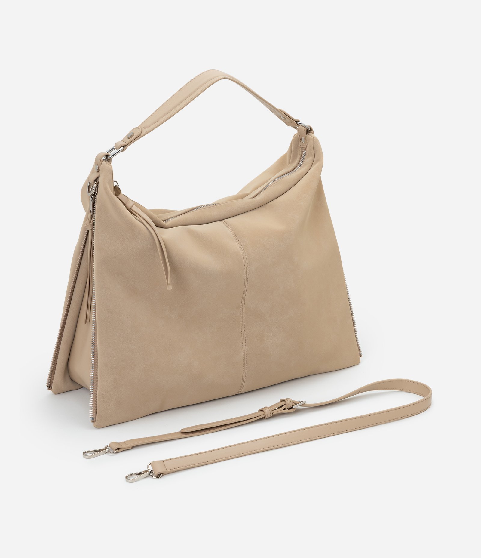 Bolsa Hobo Grande em PU com Zíper nas Laterais Bege 6