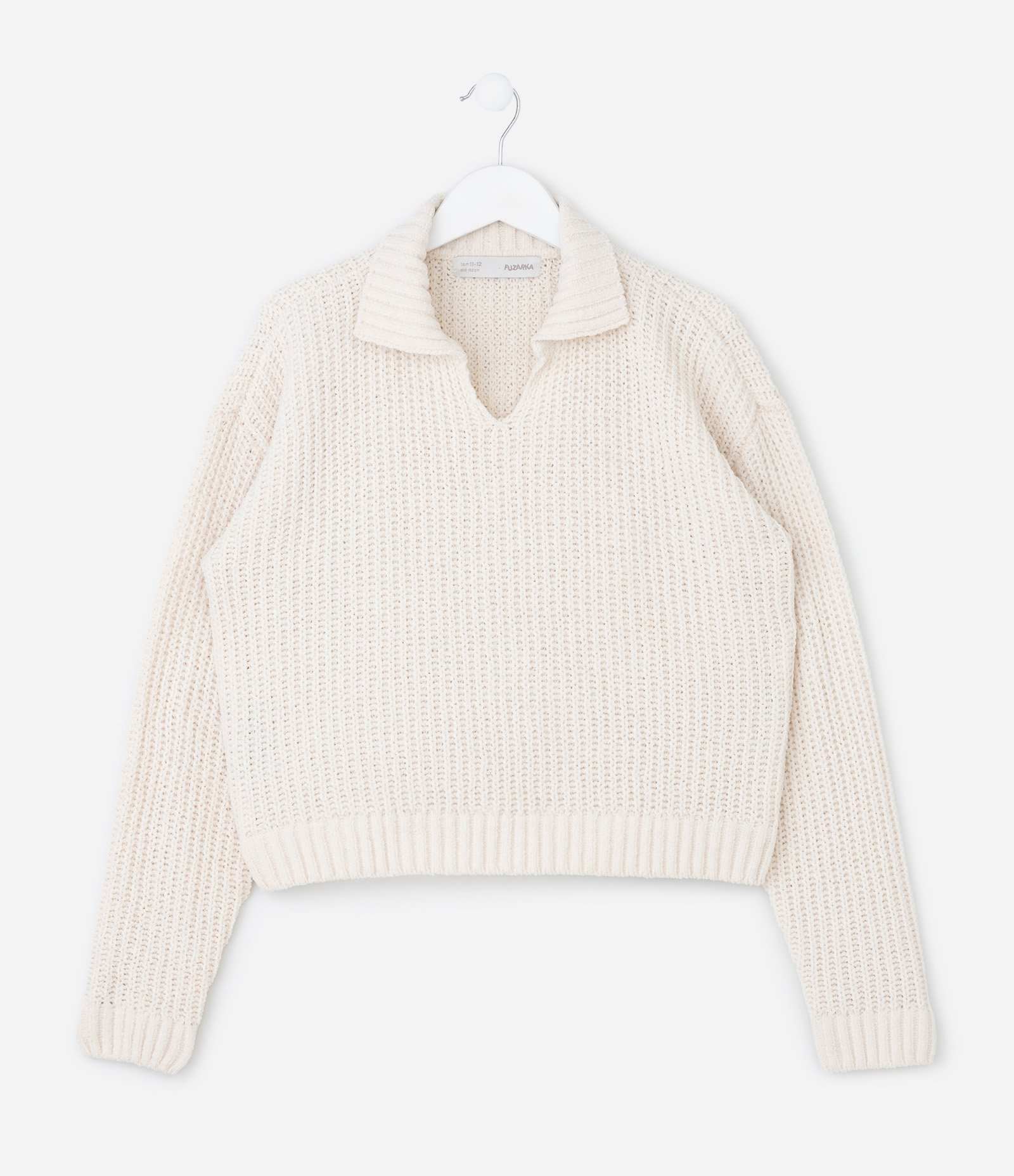 Suéter Infantil em Chenille com Gola V e Colarinho – Tam 5 a 14 Anos Off White 2