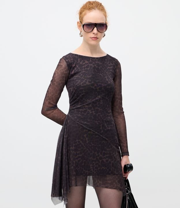 Vestido Curto em Tule com Estampa Oncinha e Transparência