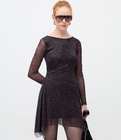 Vestido Curto em Tule com Estampa Oncinha e Transparência