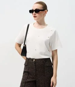 Camiseta Regular em Algodão com Aplicação de Brilhos