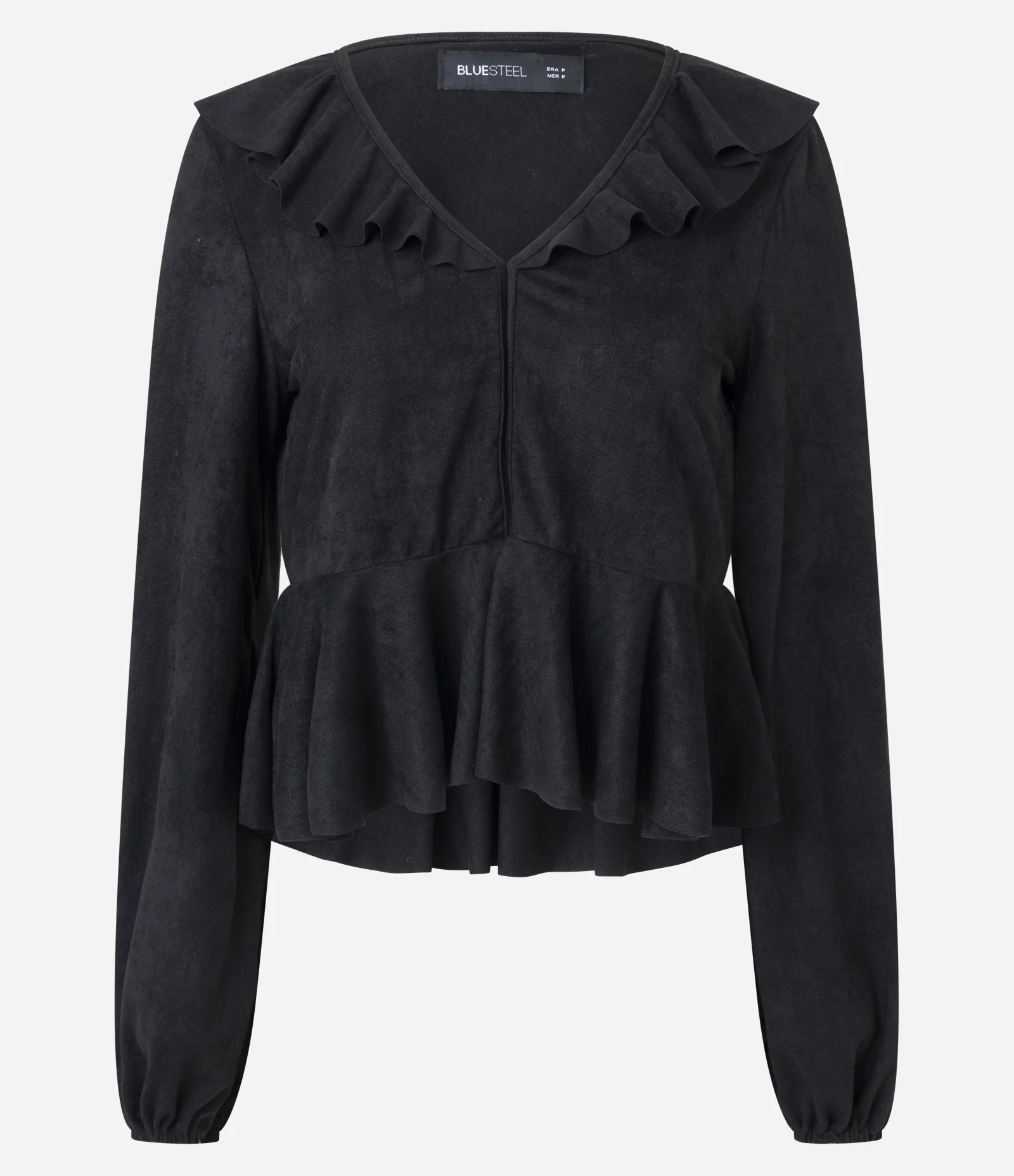 Blusa Manga Longa com Decote em V e Babados Preto 1