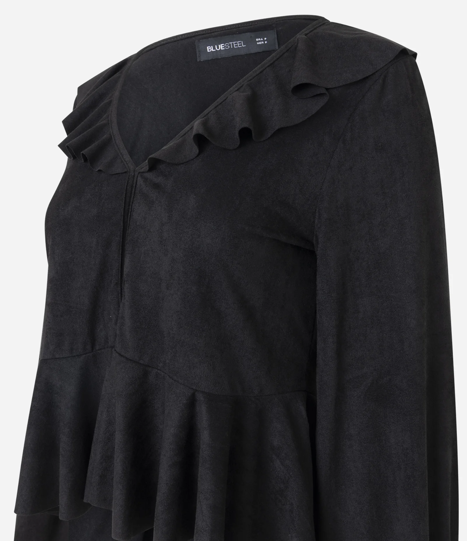 Blusa Manga Longa com Decote em V e Babados Preto 2