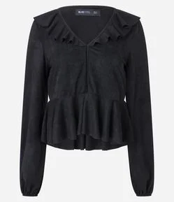 Blusa Manga Longa com Decote em V e Babados