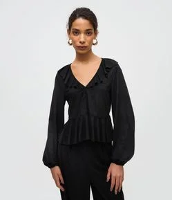 Blusa Manga Longa com Decote em V e Babados