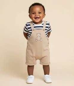 Conjunto Infantil Body Listrado e Jardineira com Bordado Urso – Tam 0 a 18 Meses