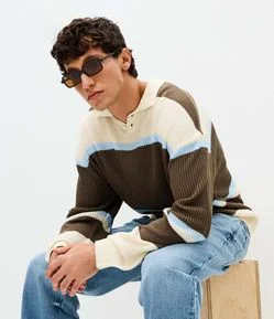 Suéter Masculino Retilínea Listrado com Gola Polo
