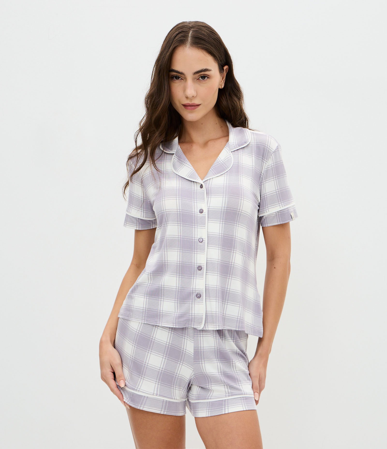 Pijama Curto Americano em Viscolycra em Xadrez Roxo 1