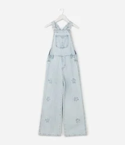 Macacão Wide Infantil em Jeans com Bordado Estrelas – Tam 5 a 14 Anos