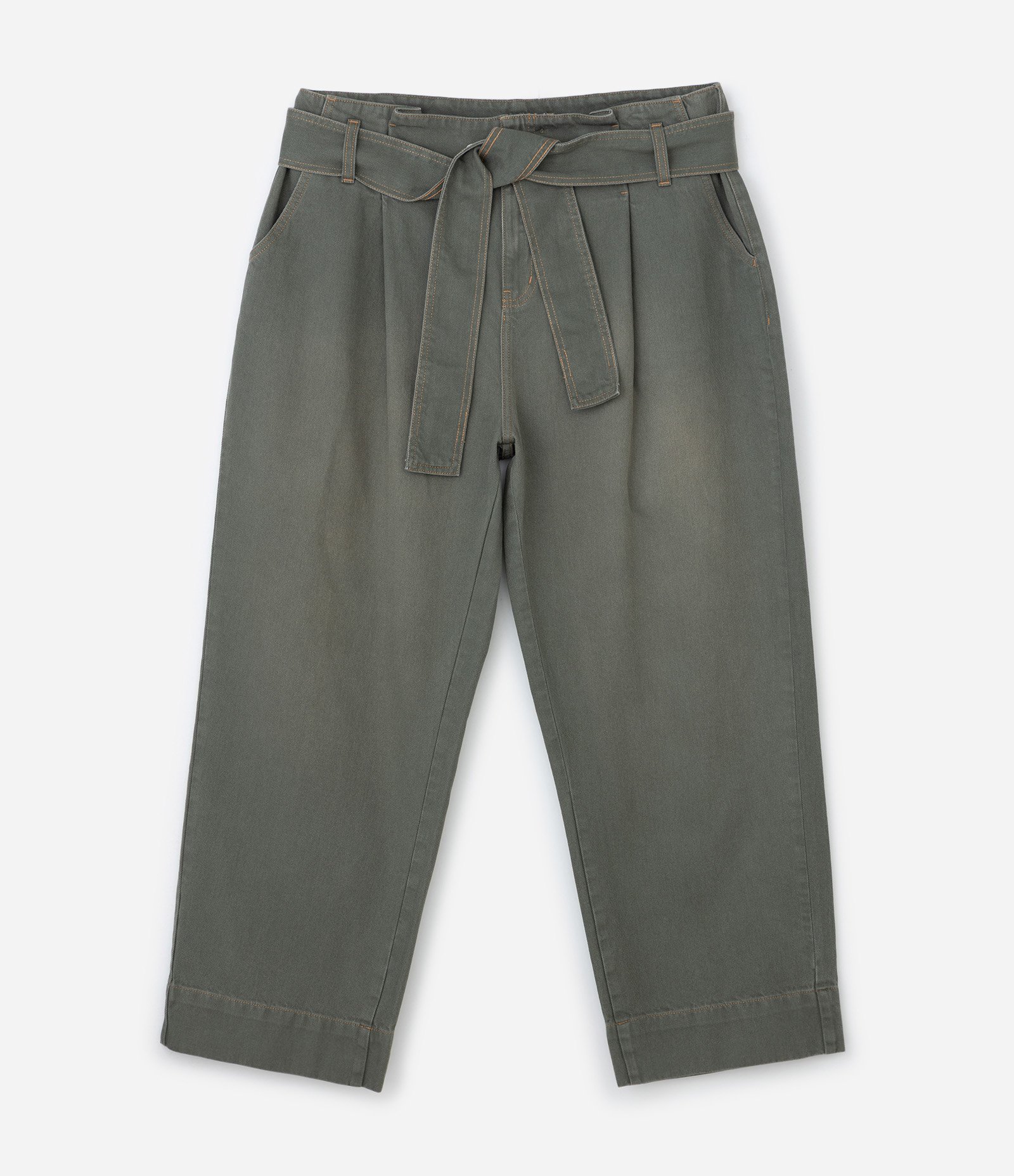 Calça Reta em Sarja com Faixa Larga e Pregas Curve & Plus Size Verde Escuro 1