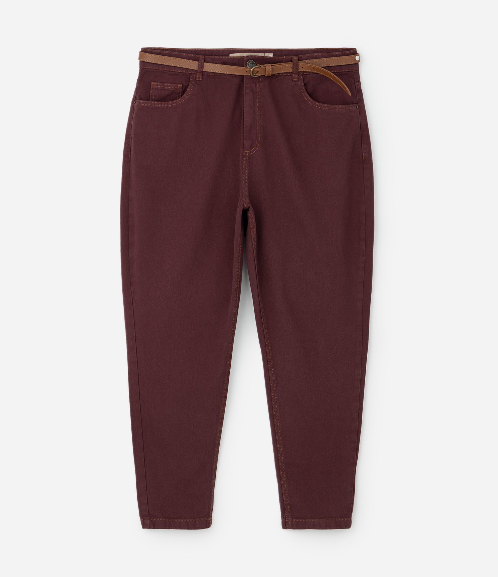 Calça Sarja Mom com Cintinho e Costura Contrastante Vermelho 1