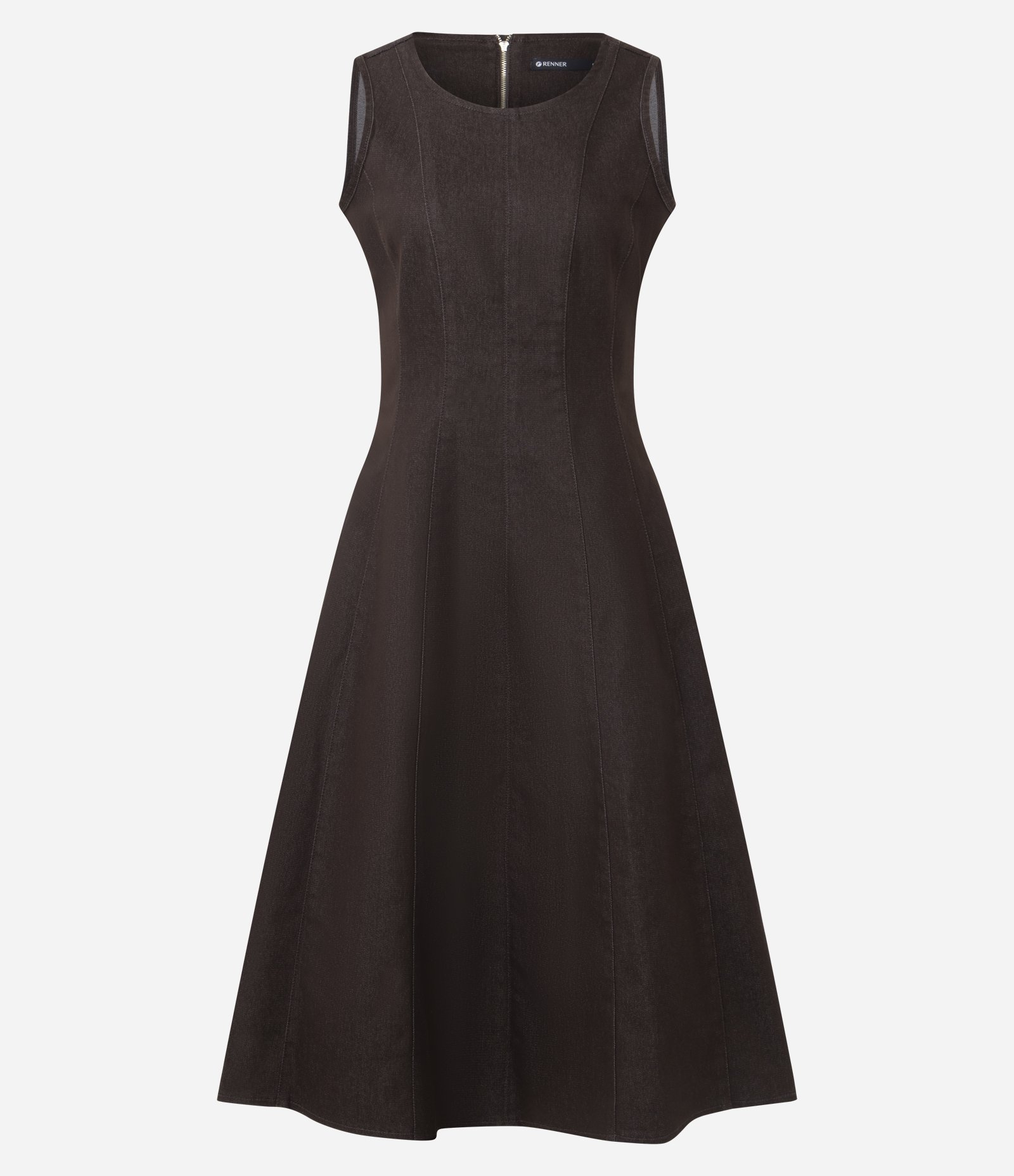 Vestido Midi em Jeans com Recortes e Gola Redonda Marrom Escuro 3