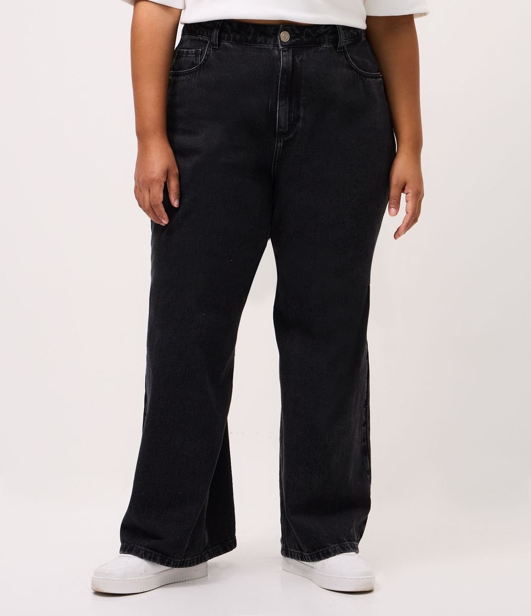 Calça Jeans Wide Leg Marmorizada Curve & Plus Size Preto