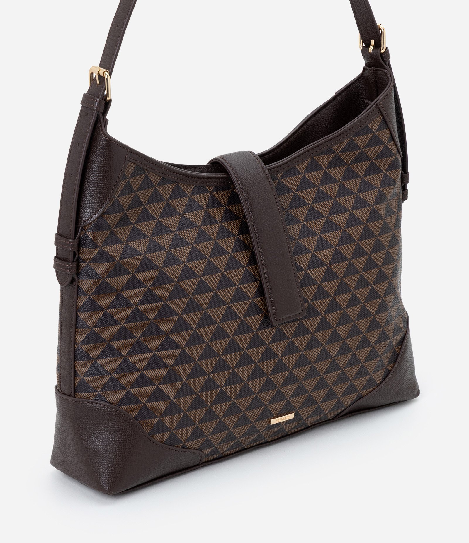 Bolsa Hobo Grande com Estampa Triângulos Marrom 1