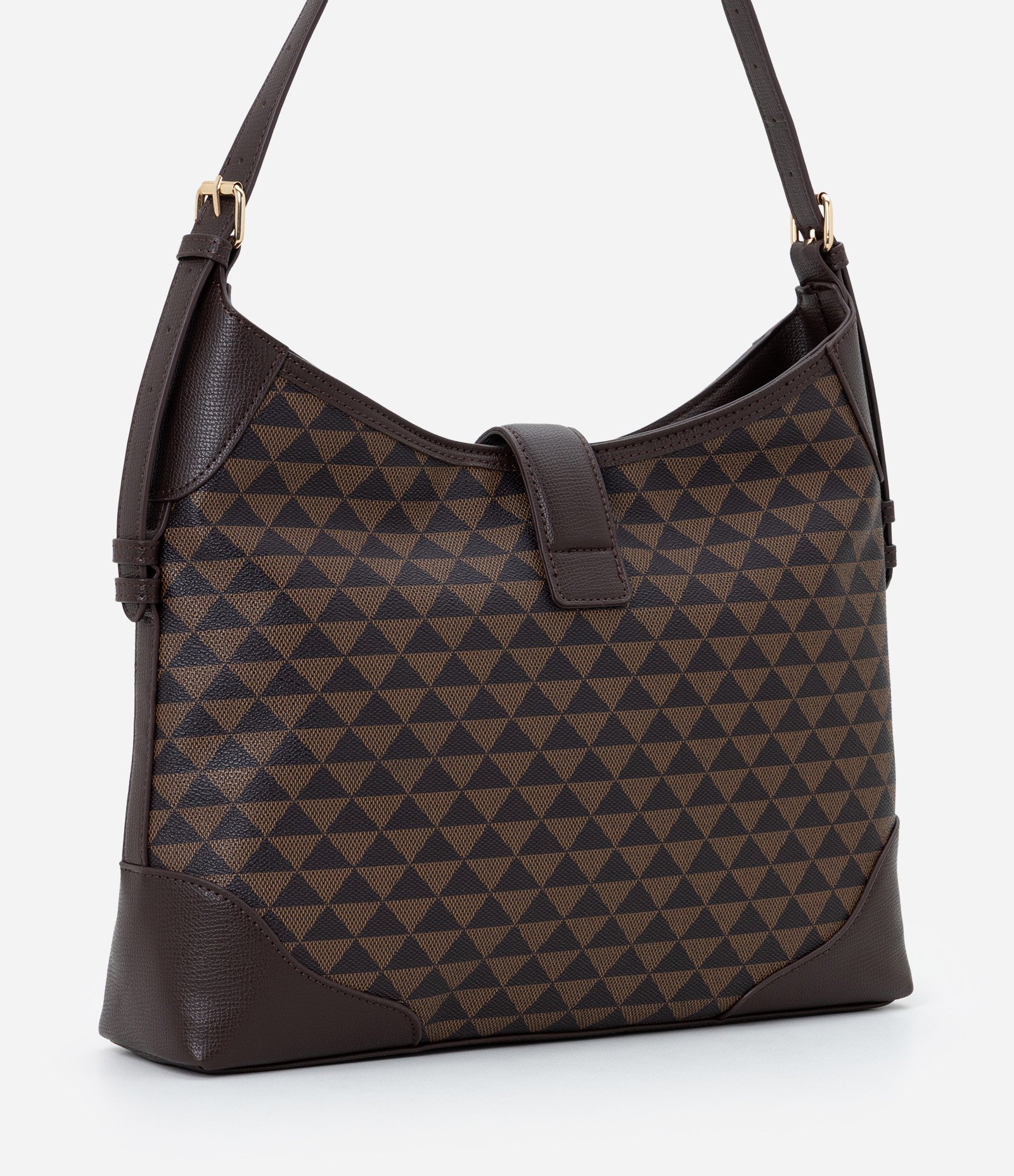 Bolsa Hobo Grande com Estampa Triângulos Marrom 3