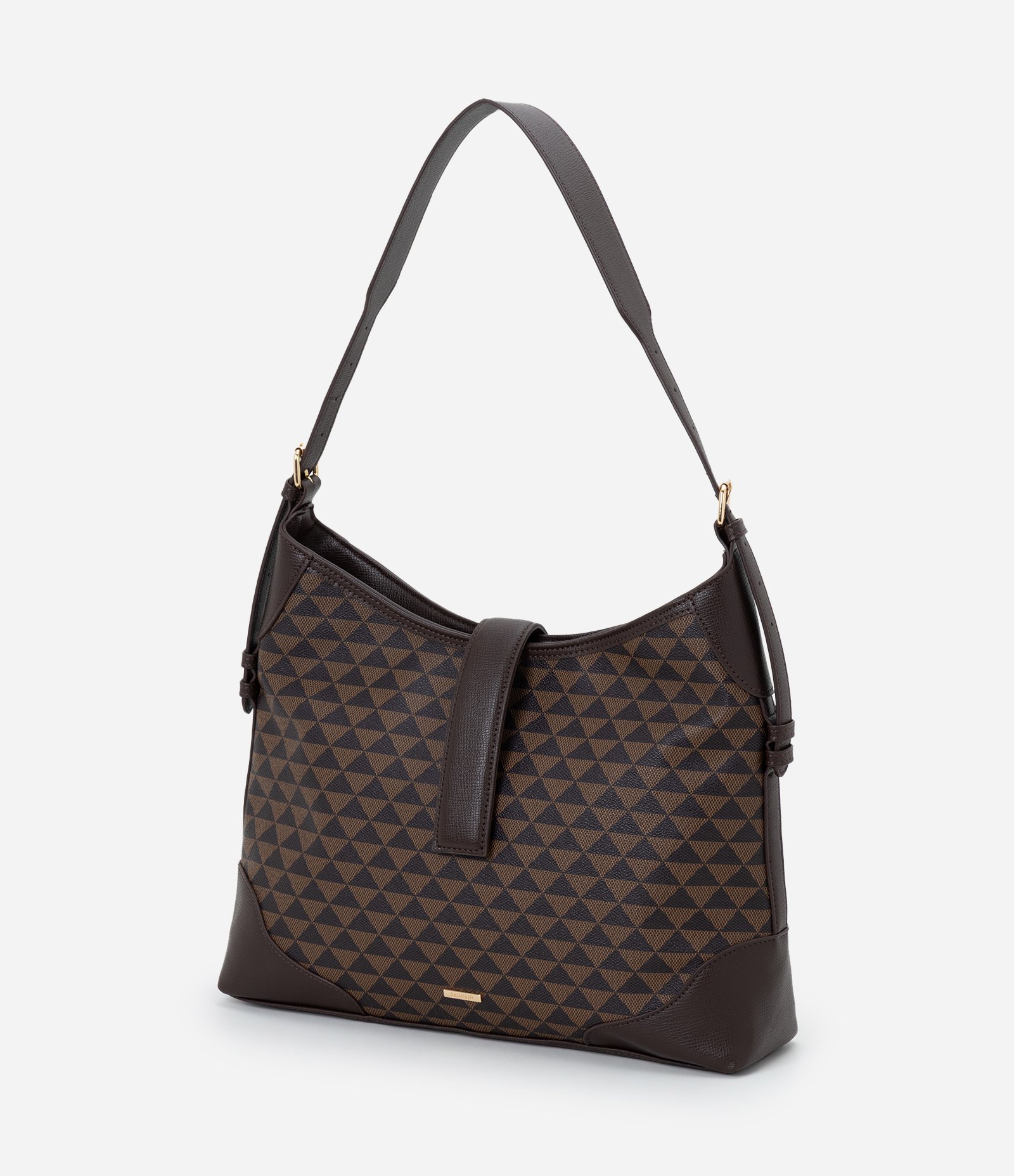 Bolsa Hobo Grande com Estampa Triângulos Marrom 5