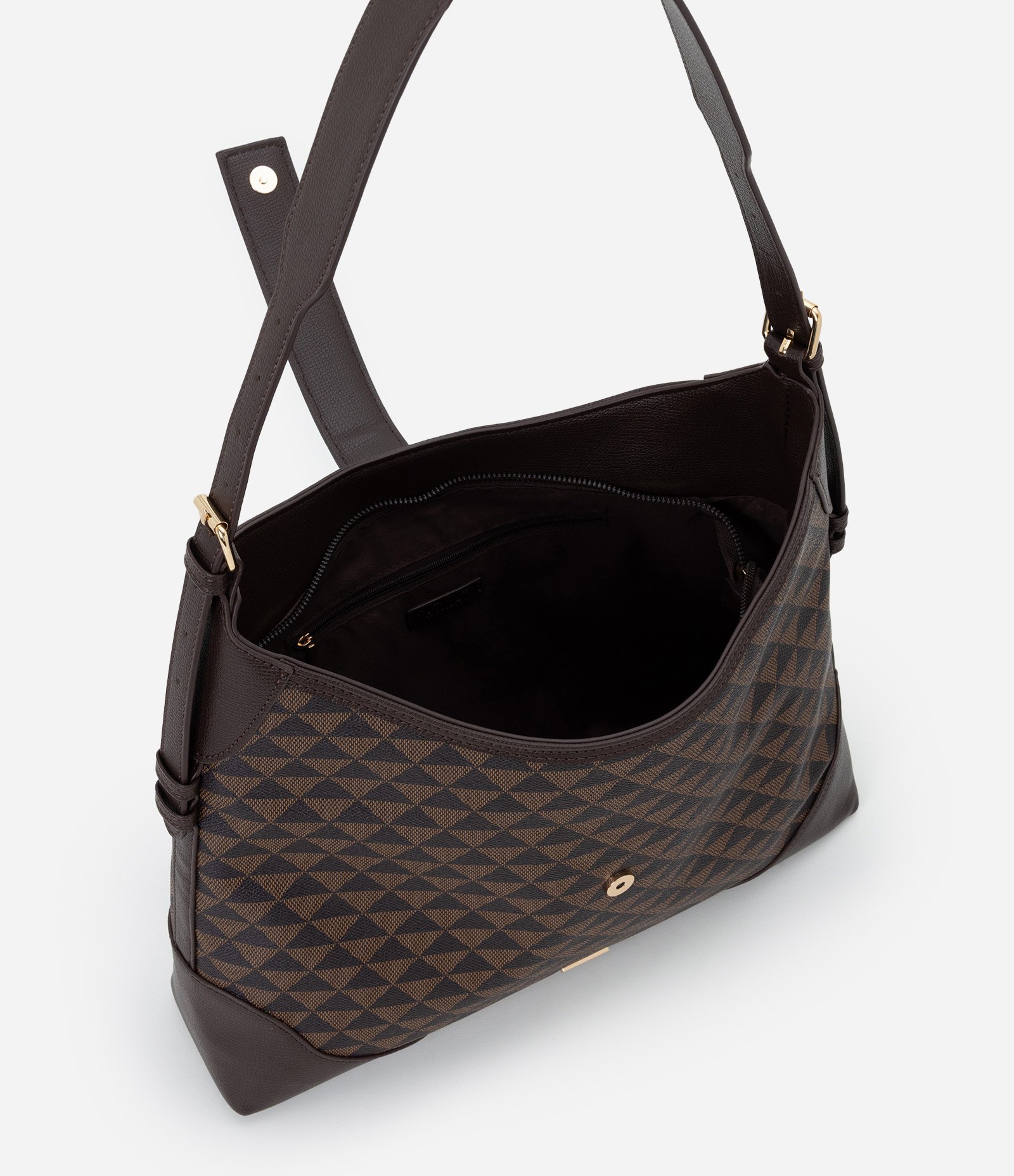 Bolsa Hobo Grande com Estampa Triângulos Marrom 6