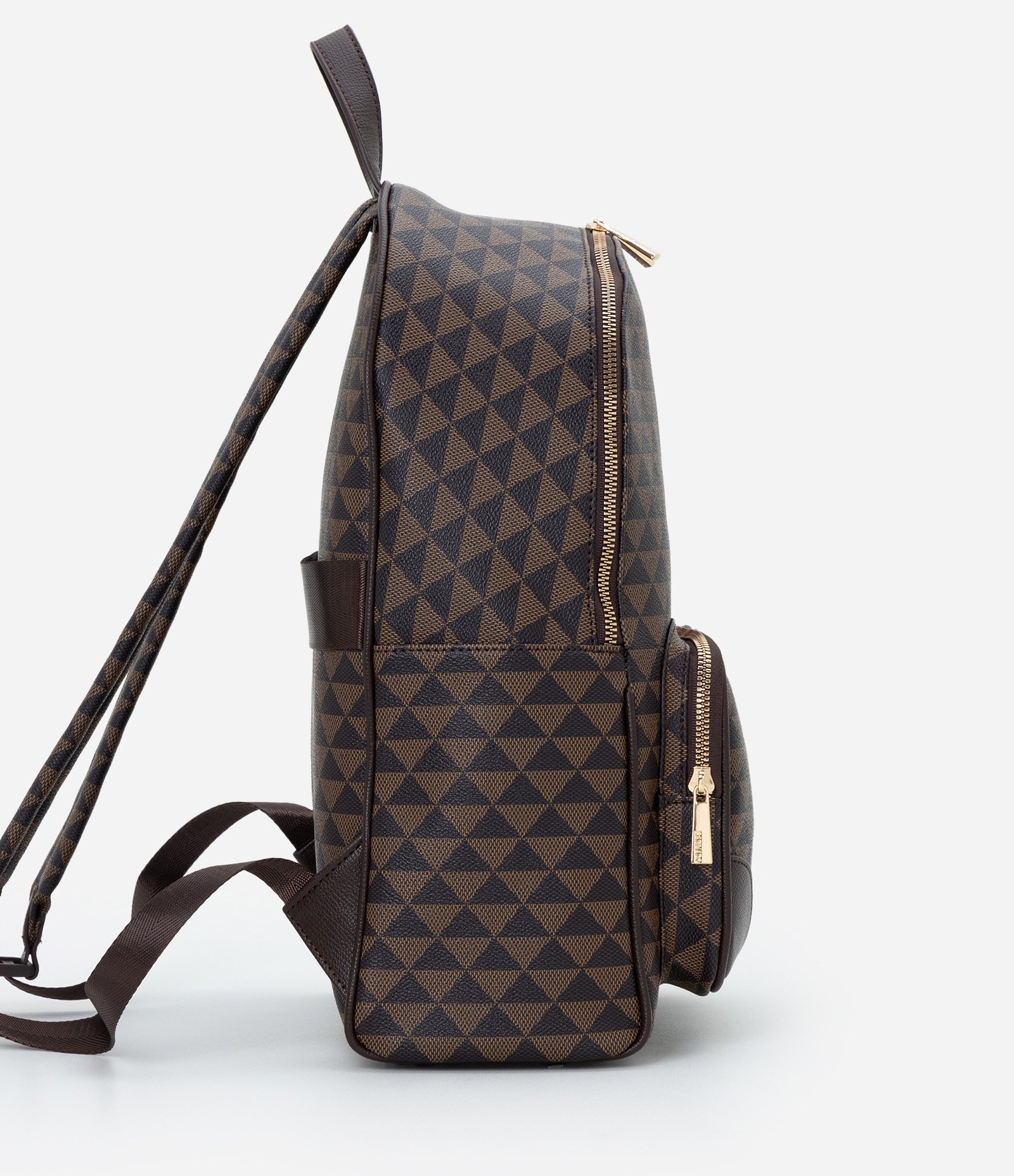 Mochila em PU com Estampa de Triângulos Marrom 2