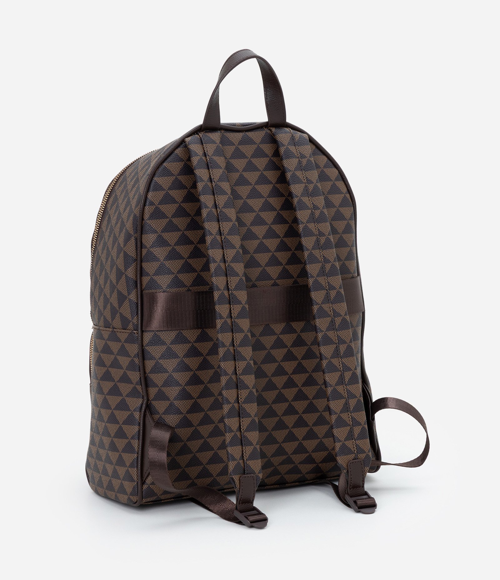 Mochila em PU com Estampa de Triângulos Marrom 6