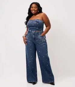 Calça Wide em Jeans com Brilhos Aplicados Curve & Plus Size