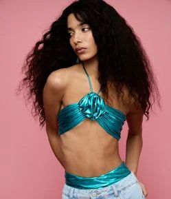 Top Super Cropped Metalizado com Flor Central