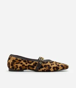 Sapatilha Mary Jane em Couro com Estampa Animal Print