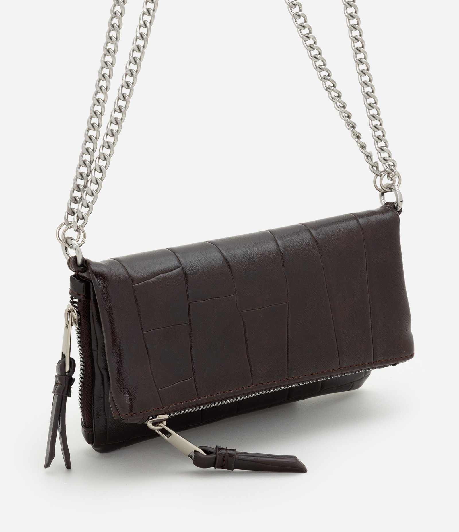 Bolsa em PU Texturizado com Zíper Lateral e Alça Corrente Marrom 1