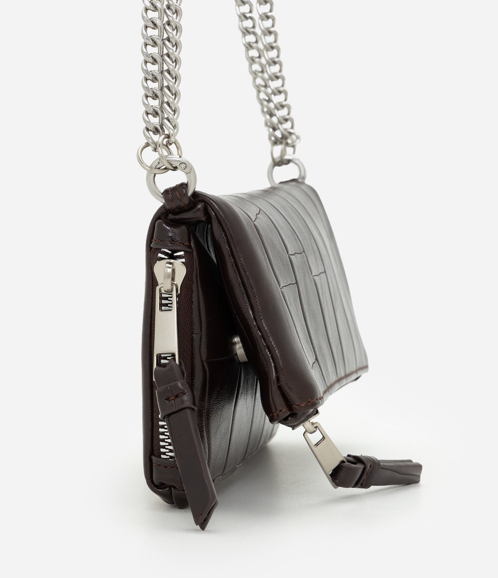 Bolsa em PU Texturizado com Zíper Lateral e Alça Corrente Marrom 2