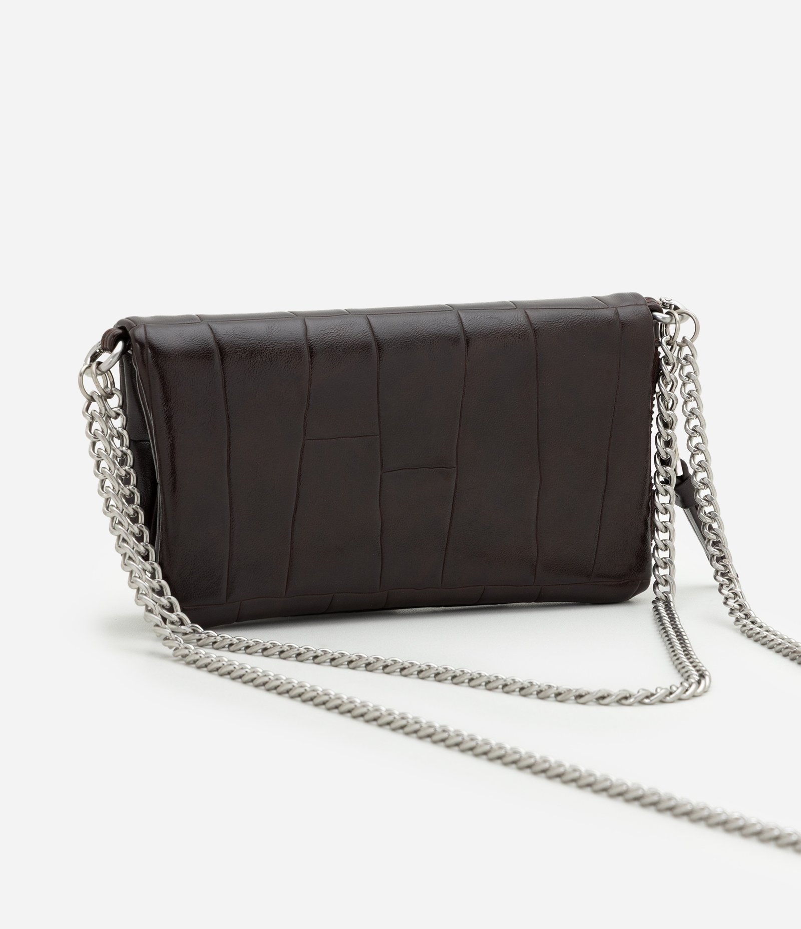 Bolsa em PU Texturizado com Zíper Lateral e Alça Corrente Marrom 3