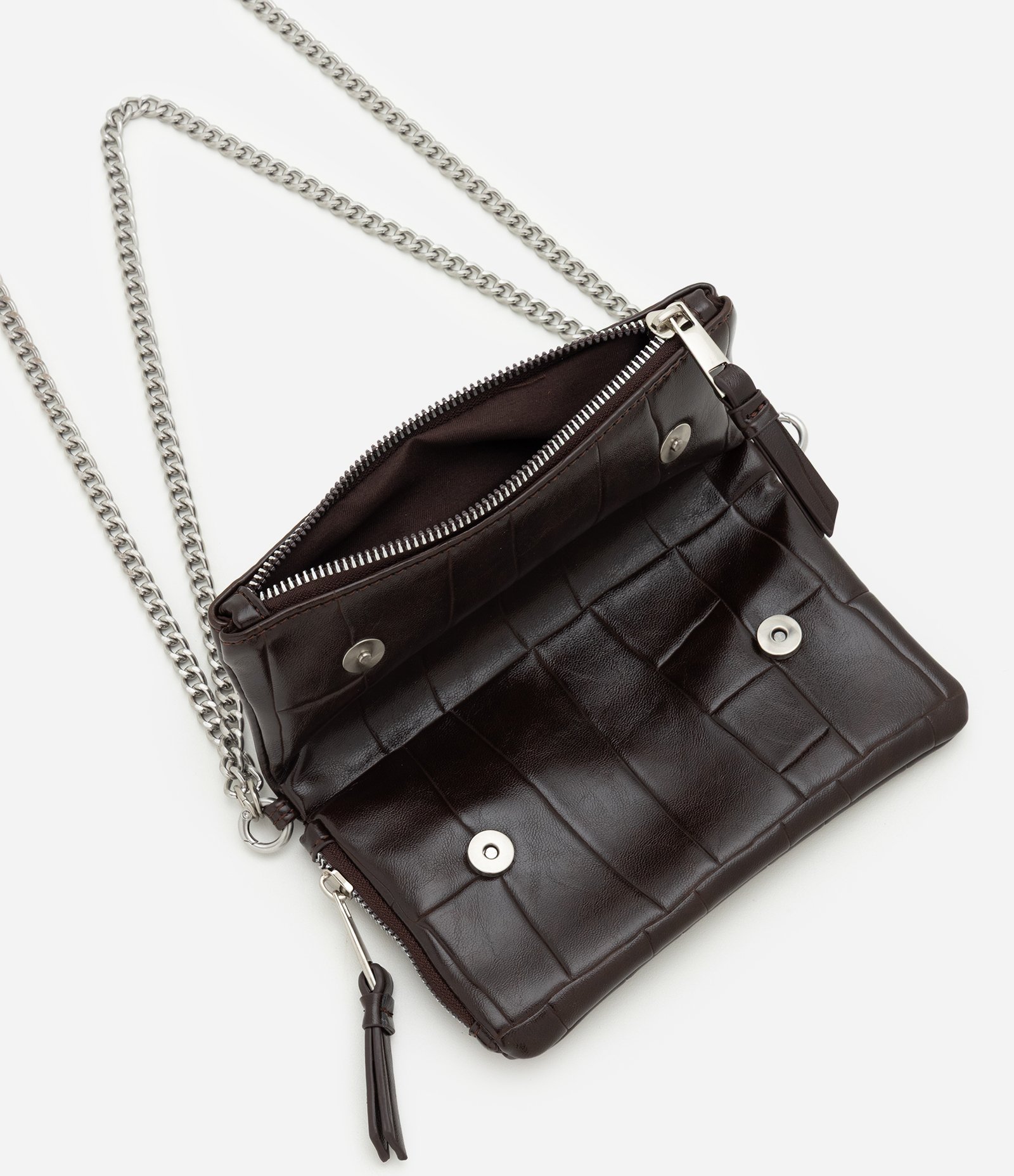 Bolsa em PU Texturizado com Zíper Lateral e Alça Corrente Marrom 4