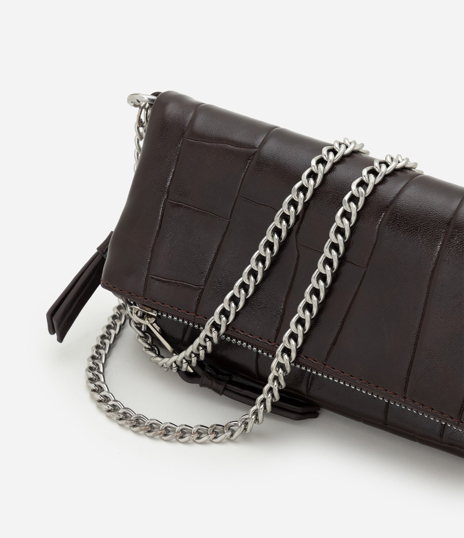 Bolsa em PU Texturizado com Zíper Lateral e Alça Corrente Marrom 5