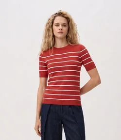 Blusa Manga Curta em Tricô com Estampa Listrada
