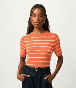 Blusa Manga Curta em Tricô com Estampa Listrada