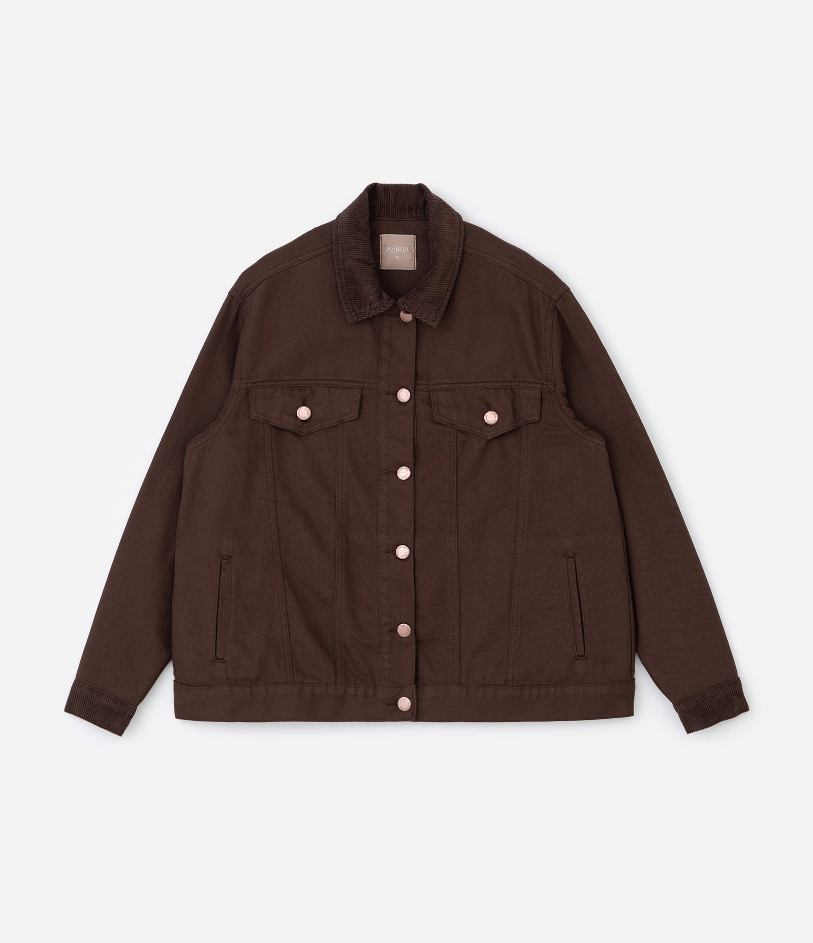 Jaqueta Trucker em Sarja com Gola de Veludo Curve & Plus Size Marrom 1