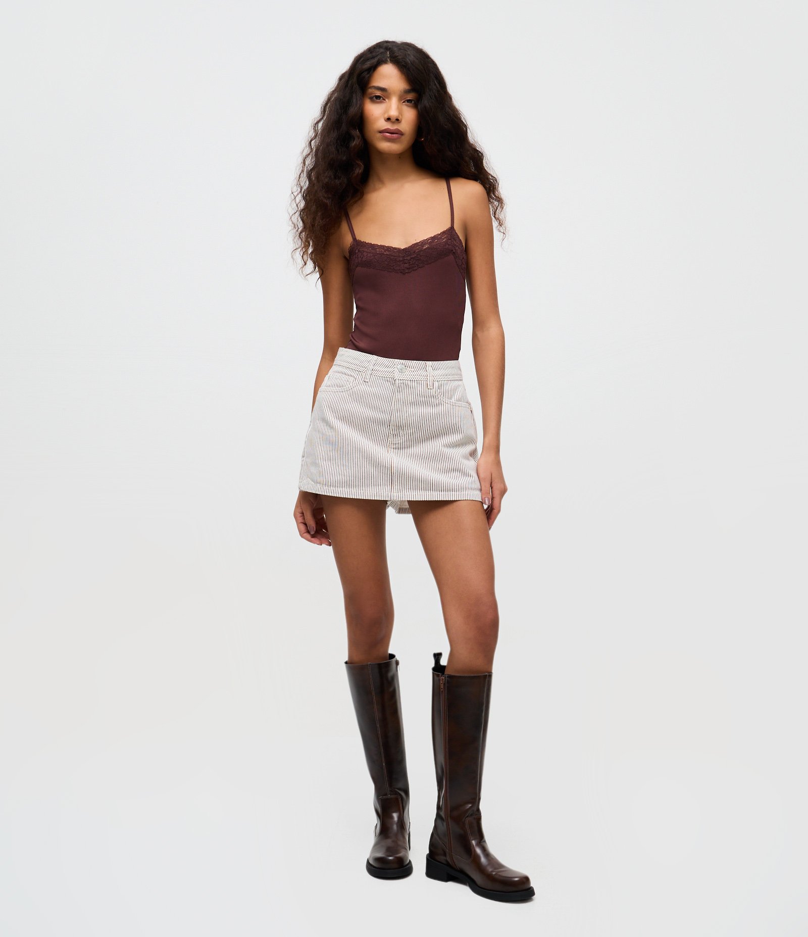 Short Saia em Sarja com Estampa Listrada Marrom 1