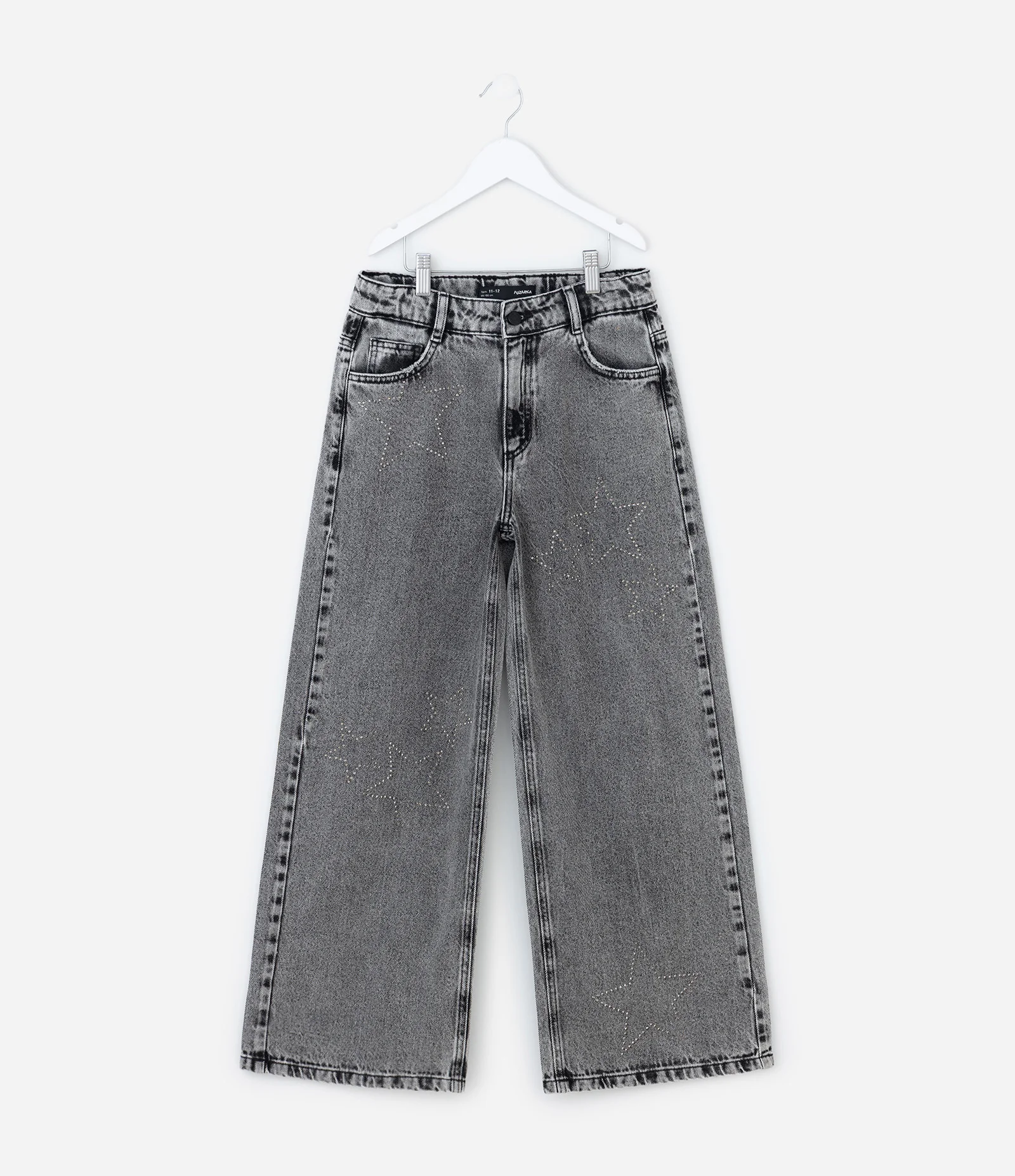 Calça Wide Leg Infantil em Jeans com Estrelas de Brilhos - Tam 5 a 14 Anos Preto 1
