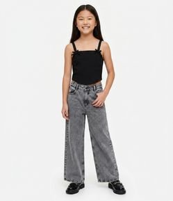 Calça Wide Leg Infantil em Jeans com Estrelas de Brilhos - Tam 5 a 14 Anos