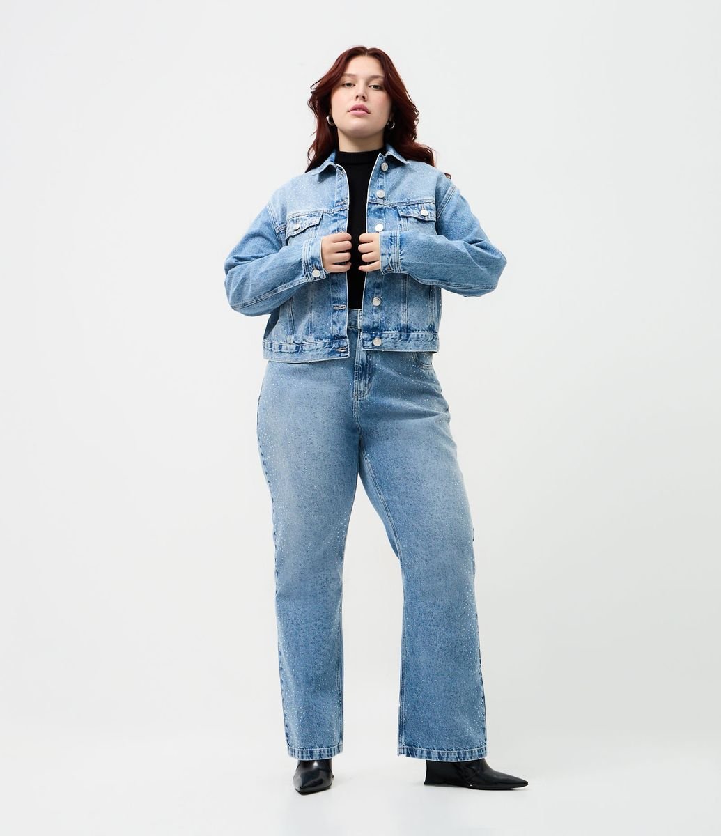 Jaqueta Jeans Cropped com Termocolante Incolor Curve & Plus Size Azul