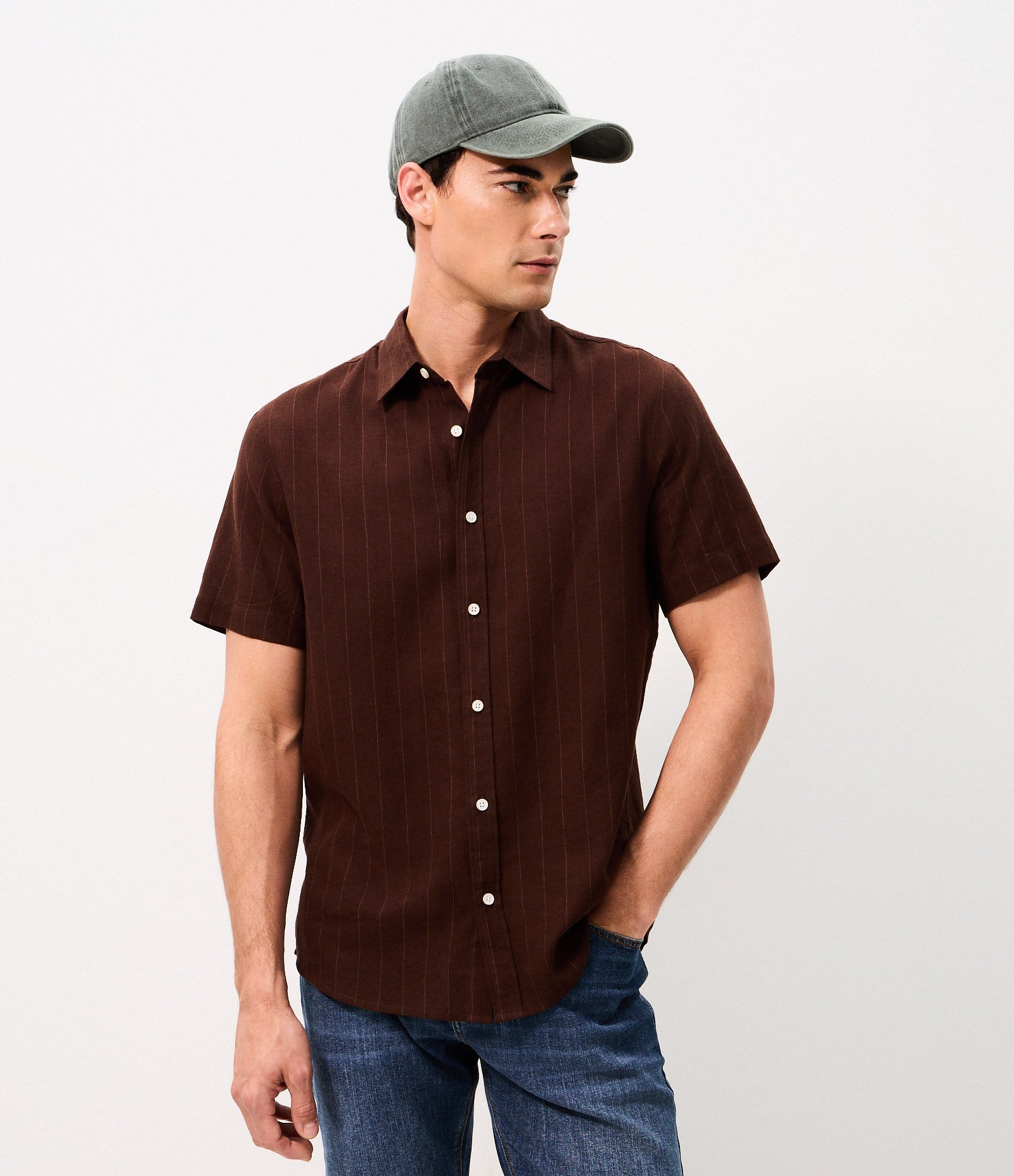 Camisa Manga Curta em Linho Listrada Marrom 1
