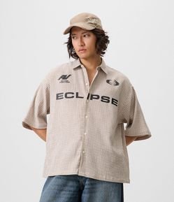 Camisa Oversized em Algodão com Textura Grid e Lettering Eclipse